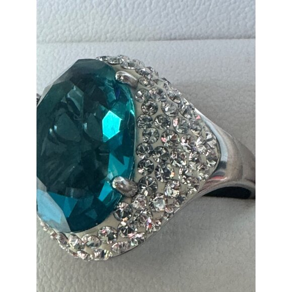 Sterling Silver .925 Ring With Faux Teal Blue Clear Crystals 10.88g - Picture 2 of 7